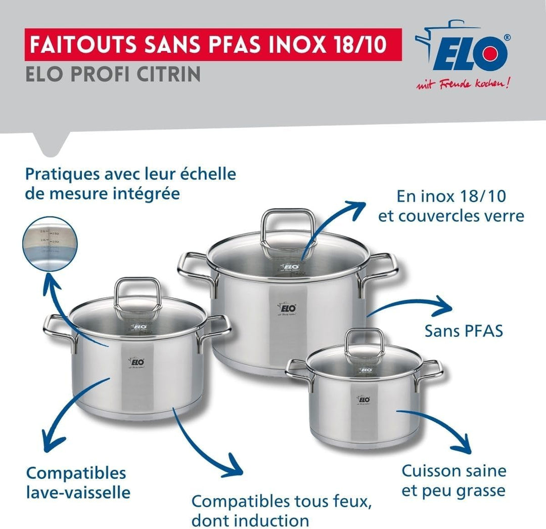 ELO 9699950 Kochgeschirr-Set, 4-teilig, 1 Bratpfanne 32 cm und 3 Kochtöpfe 12, 14 und 16 cm Elo Prof