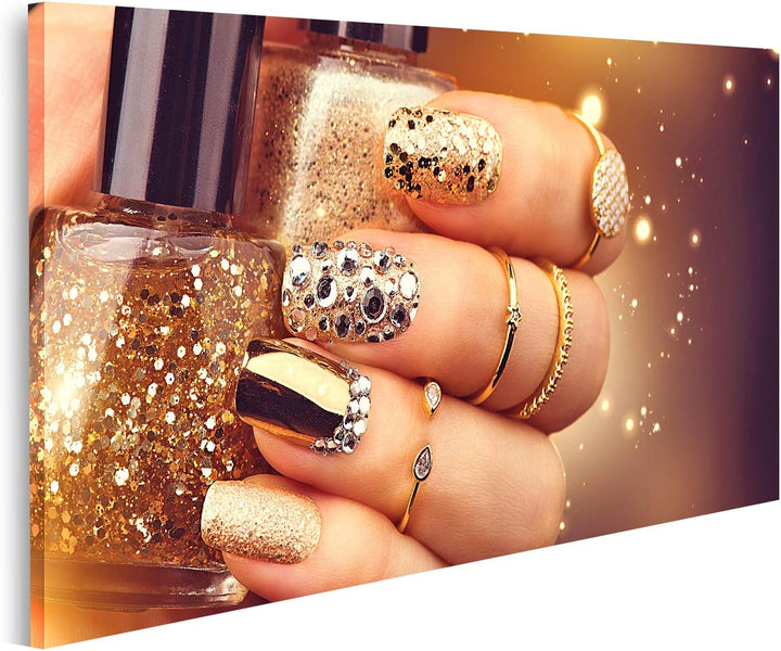 islandburner Bild auf Leinwand Goldene Maniküre Nagellack Accessoires Bilder Wandbilder Poster 100x5