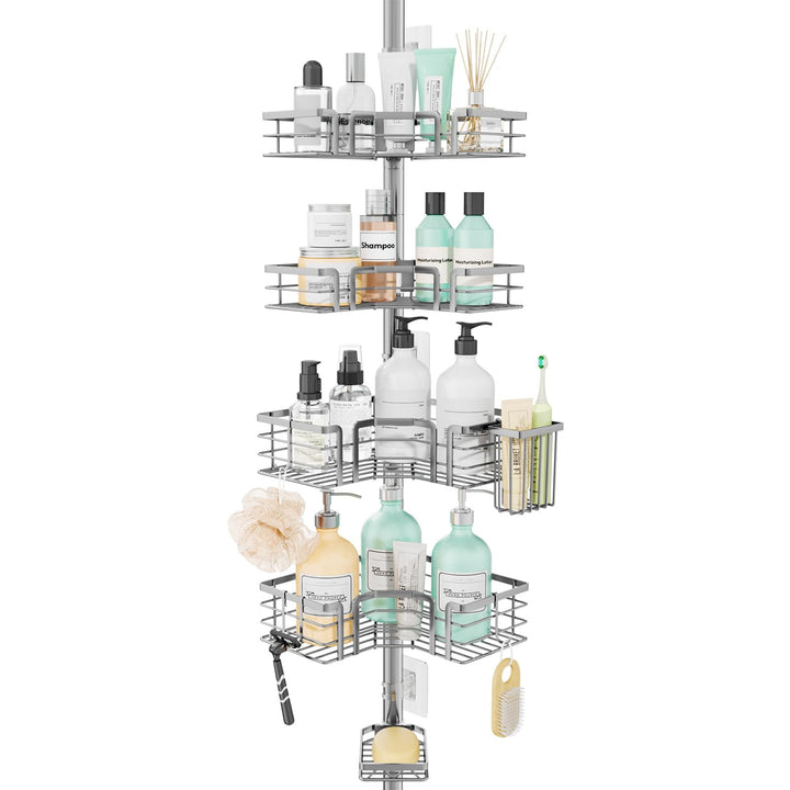 SWTYMIKI Duschregal Teleskop Dusche Teleskopstange - 4-Tier Teleskop Eckregal Dusche mit Seifenhalte