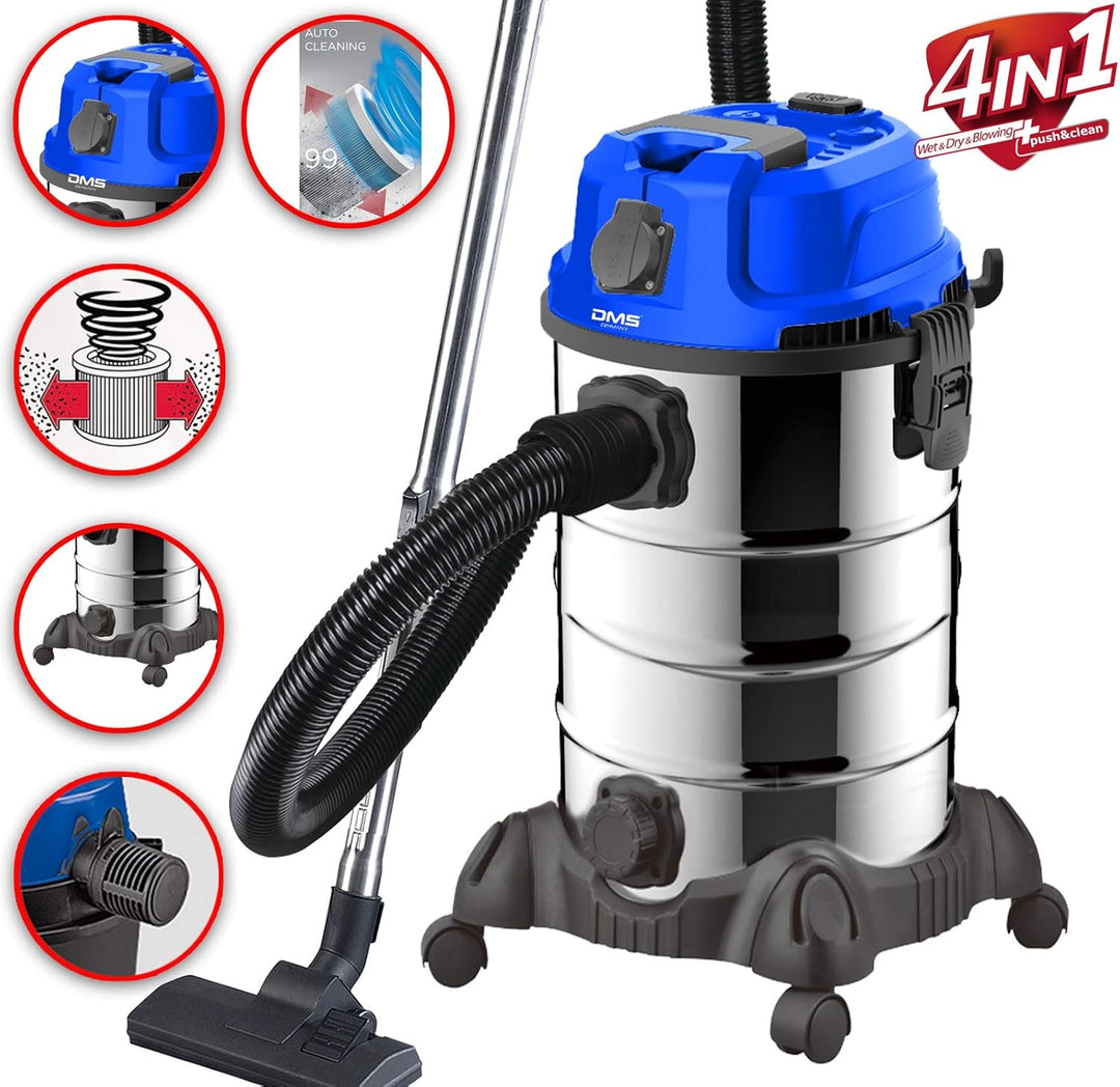 DMS® Industriestaubsauger für Nass u. Trocken Sauger | Edelstahl 2300W + Steckdose | starke Saugkraf