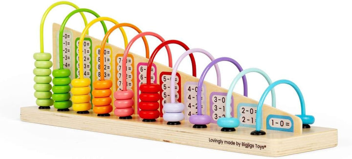 Bigjigs Toys Rainbow Counting Abacus (56 Piece) - Learn Addition & Subtraction, Wooden Numbers & Mat