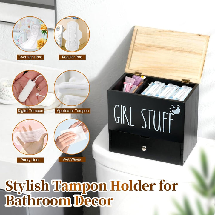 Tampon Aufbewahrungsbox 3 Fächer mit Deckel und Schublade, Badezimmer Organizer Holz Tampon Aufbewah