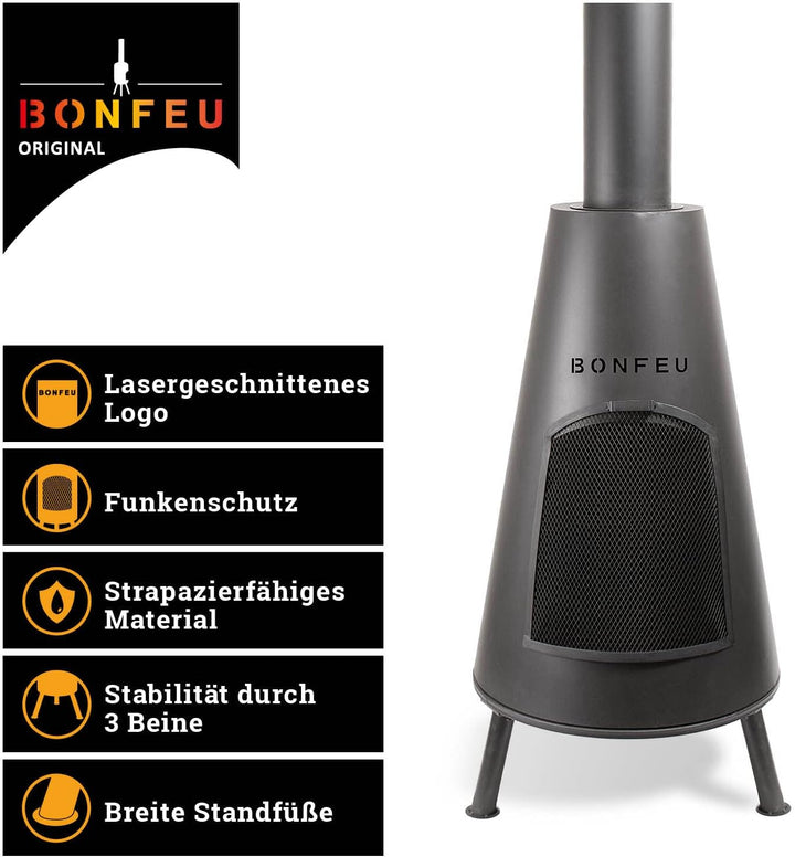 BonFeu BonPyra Schwarz - Terrassenofen - Feuerstelle mit Funkenschutz für entspannte Abende - Feuers