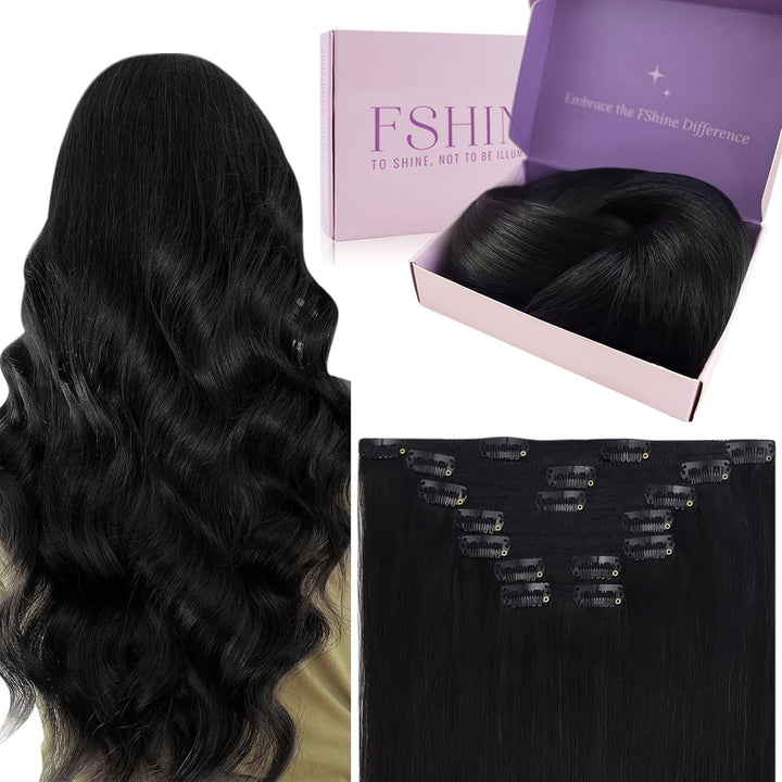 Fshine Clip in Extensions Echthaar 35cm 14 Zoll 120g 7Stück Natürliches Schwarz Echthaar Extensions