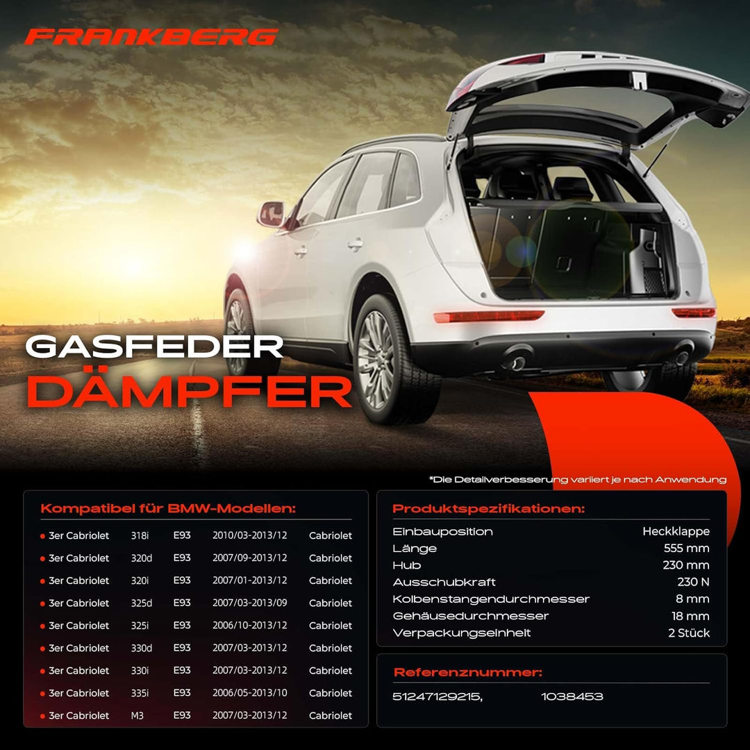Frankberg 2x Gasfeder Dämpfer Heckklappe Kofferraum Kompatibel mit 3er E93 318 320 325 330 335 M3 Ca