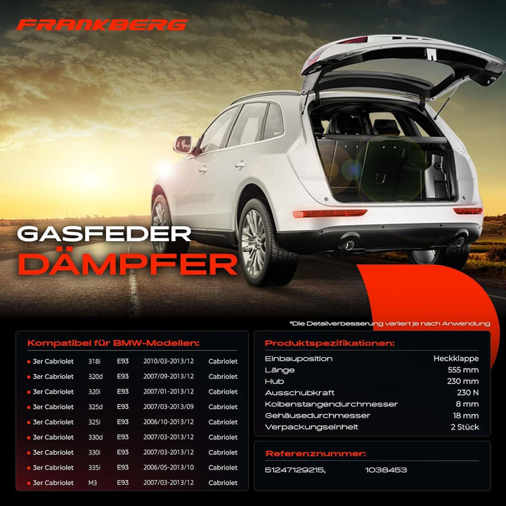 Frankberg 2x Gasfeder Dämpfer Heckklappe Kofferraum Kompatibel mit 3er E93 318 320 325 330 335 M3 Ca