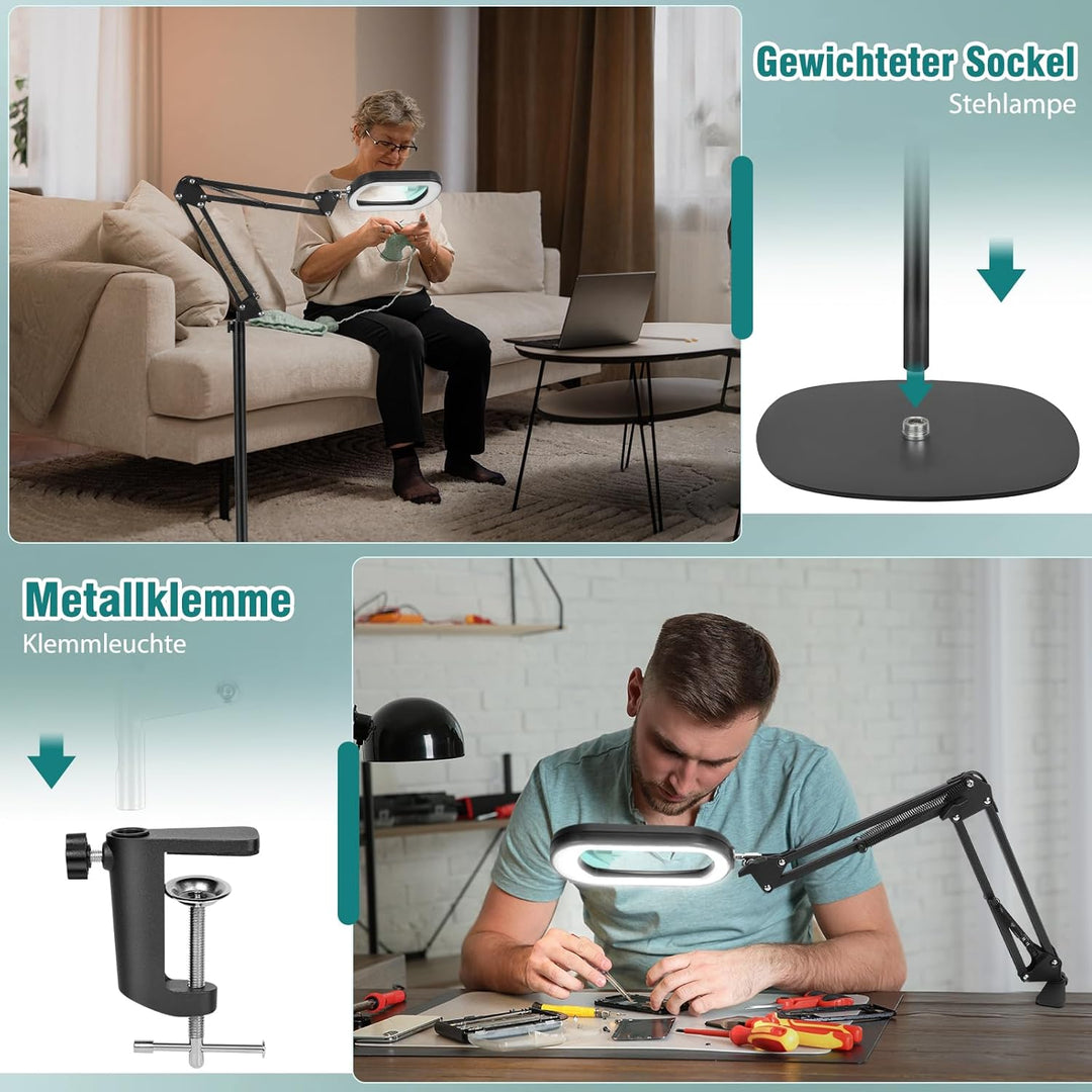 10X Lupe mit Licht und Ständer, 3-in-1 Lupen-Stehleuchte, 5 Farbmodi Dimmbar lupenlampe, leselupe fü