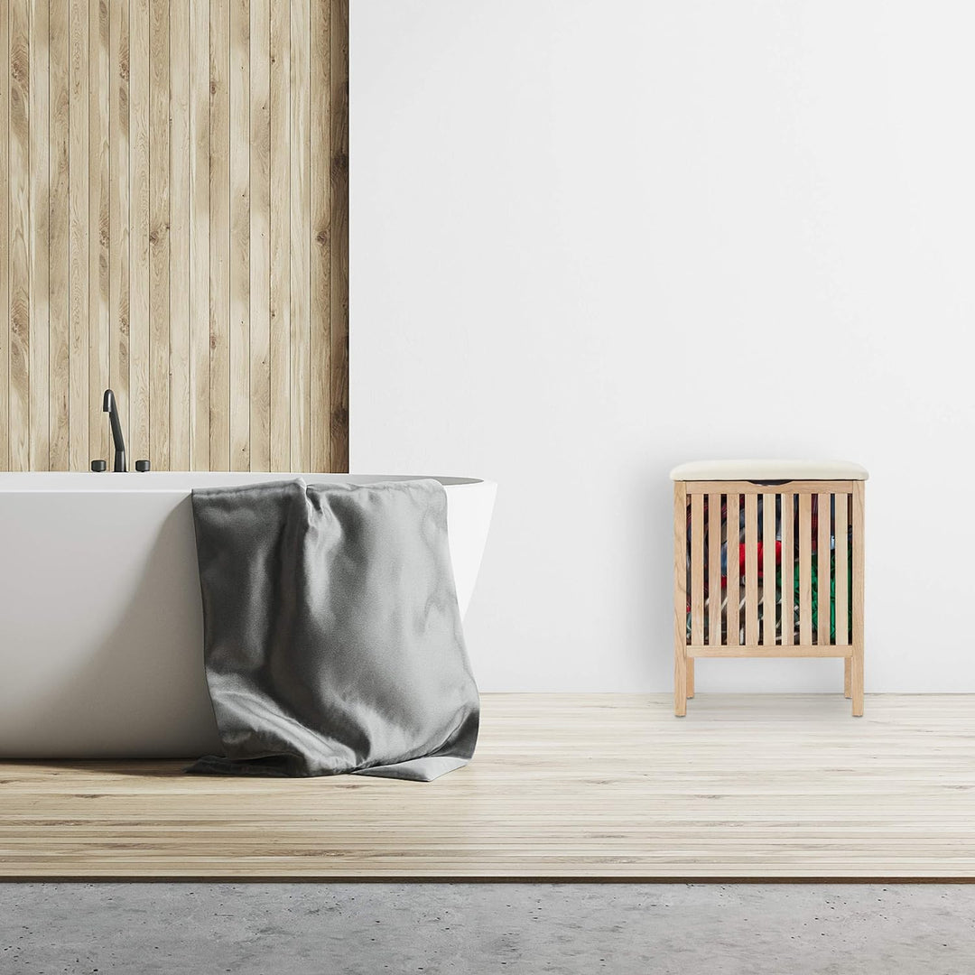 Relaxdays Wäschekorb mit Sitz, Badhocker mit Stauraum, 40 l Wäschesammler, Holz/Stoff, HBT: 51 x 41