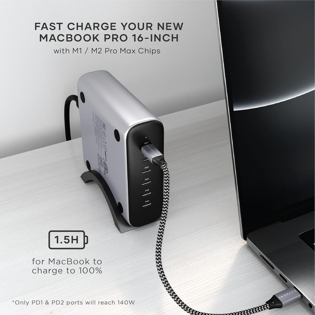 SATECHI GaN 200W USB-C Ladegerät mit 6 Anschlüssen – 2 x USB-C PD 3.1 (140W) und 4 x USB-C PD 3.0, S