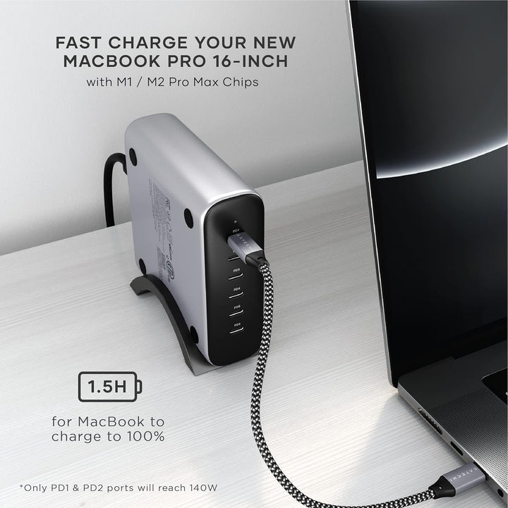 SATECHI GaN 200W USB-C Ladegerät mit 6 Anschlüssen – 2 x USB-C PD 3.1 (140W) und 4 x USB-C PD 3.0, S