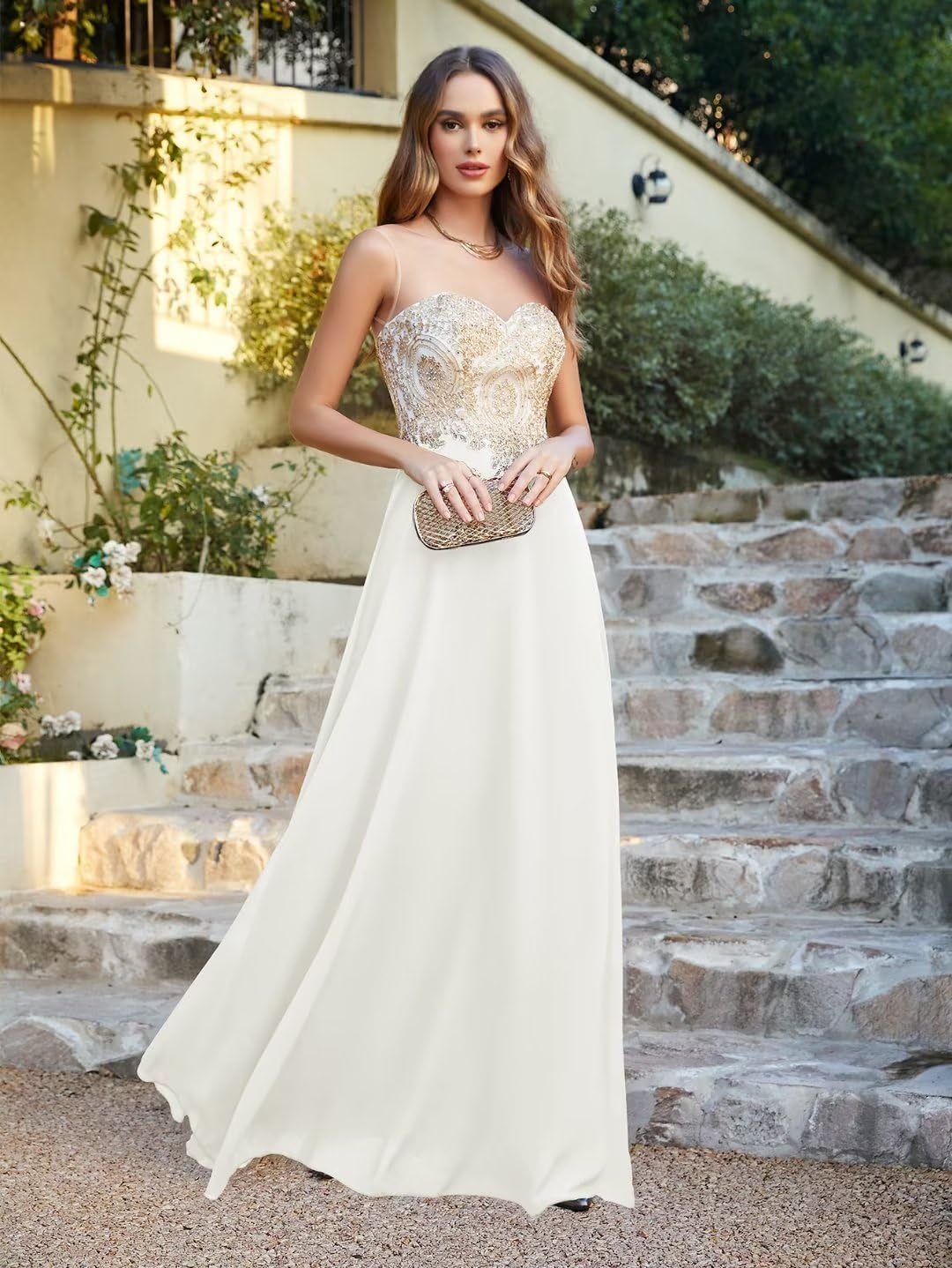 Misshow Abendkleid Chic Lang mit floralen Applikationen aus Chiffon Gr. 30 Elfenbein, 30 Elfenbein