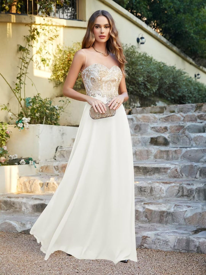Misshow Abendkleid Chic Lang mit floralen Applikationen aus Chiffon Gr. 30 Elfenbein, 30 Elfenbein