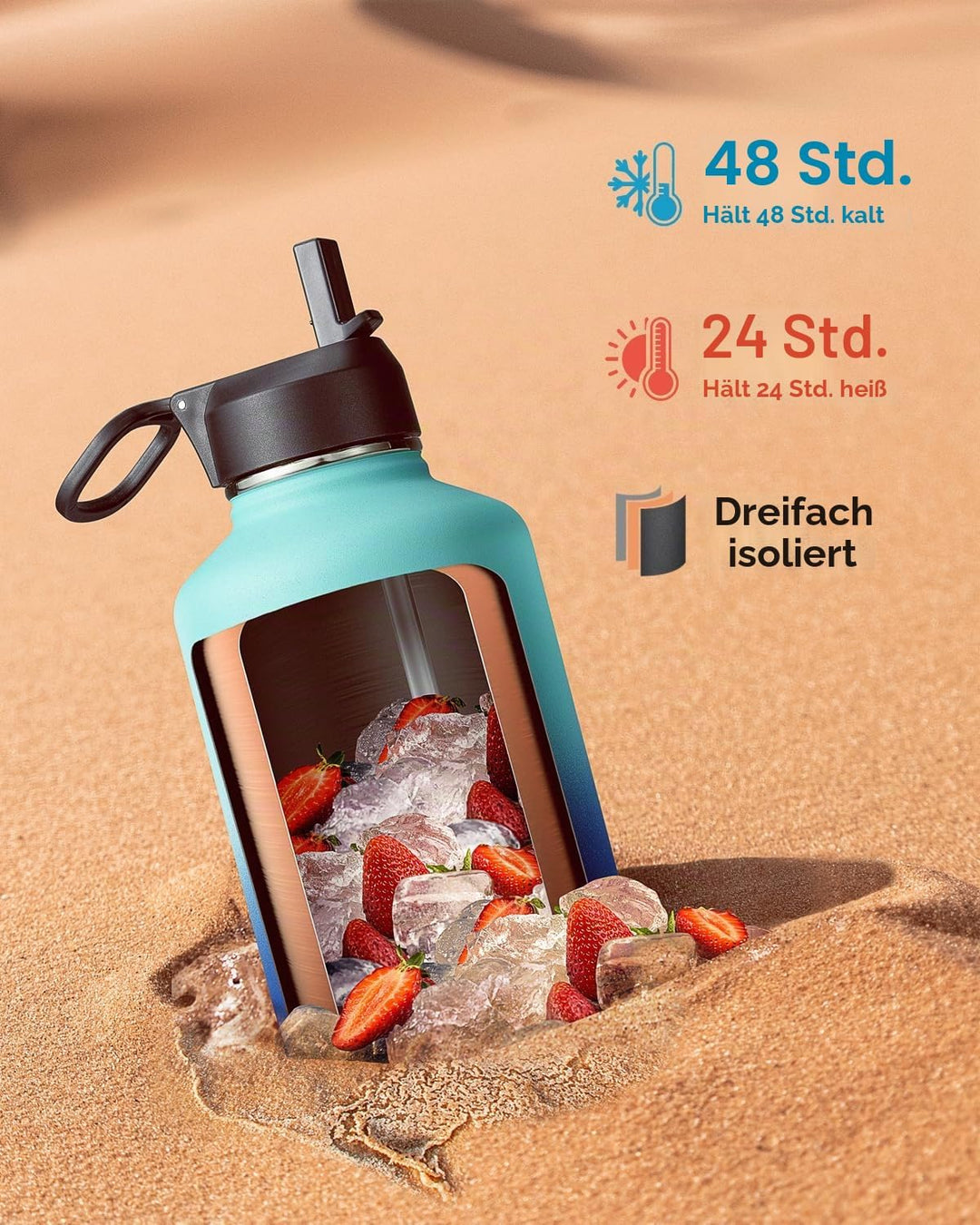 Isolierte Wasserflasche 2L, Coolflask Wasserflasche mit Strohhalm & 3 Deckeln, Edelstahl Isolierte t
