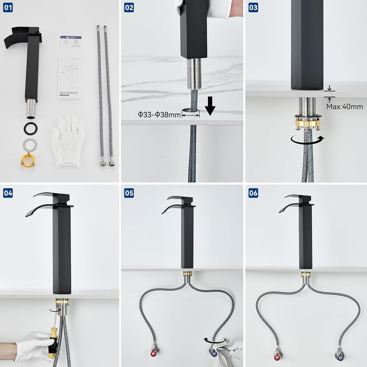 CECIPA Wasserhahn Bad Schwarz Hoch, Waschtischarmatur Wasserfall, Armatur Badezimmer Edelstahl, Wasc