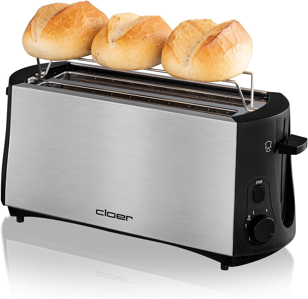Cloer 3719 Langschlitztoaster für 4 Toastscheiben, 1380 W, integrierter Brötchenaufsatz, Nachhebevor