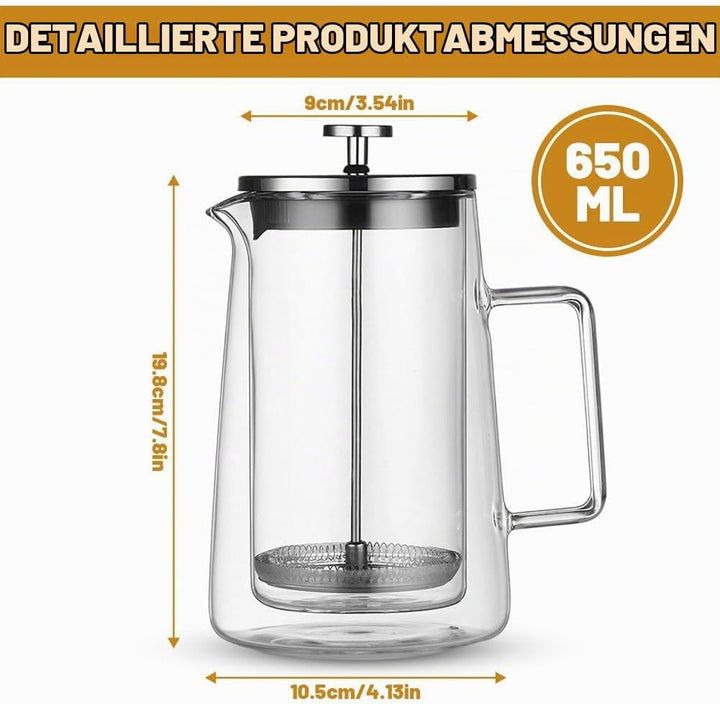 French Press Kaffeebereiter, Glas Kaffeepresse, Kaffeezubereiter für Zuhause, Thermo Doppelwand Desi