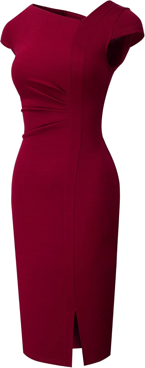 HOMEYEE Damen Vintage V-Ausschnitt Bodycon Business Bleistiftkleid mit Schlitz B700, XL Burgund