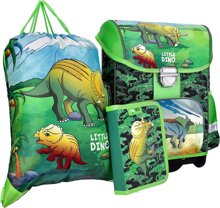 Dinosaurier Schulranzen Set Junge 1 KLASSE | Set 3 TEILIG FÜR GRUNDSCHULE | SUPER LEICHT | ERGONOMIS