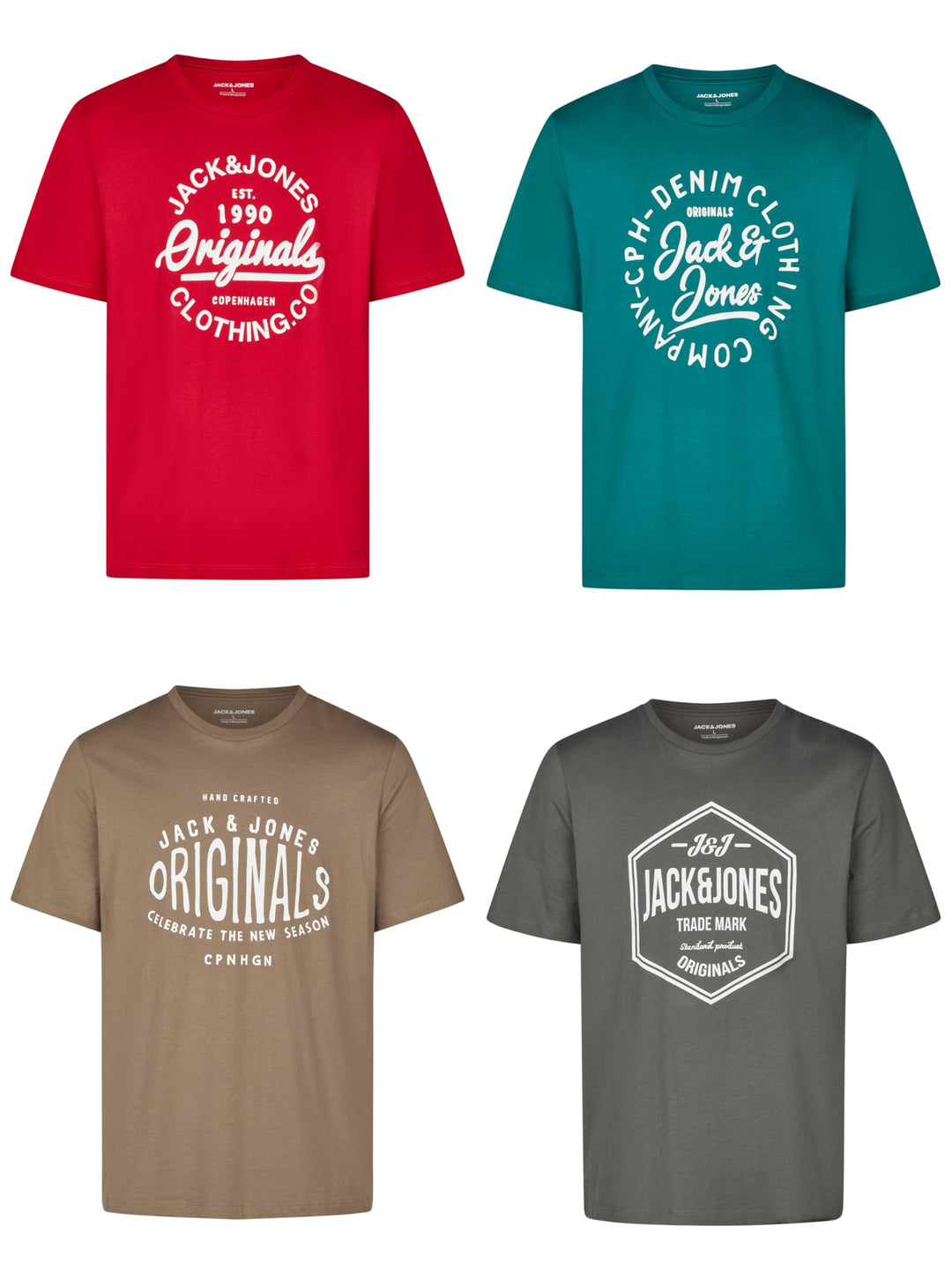 JACK & JONES JJLINO T-Shirt 4er Pack Rundhals Kurzarm Shirt Regular Fit Print Sommer 100% Baumwolle