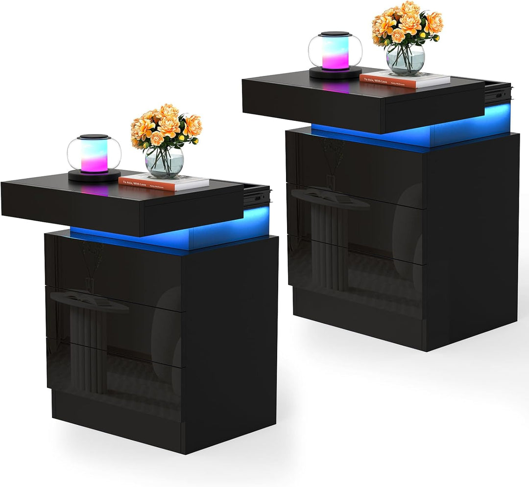 Lvhcmfohm Nachttisch Schwarz 2er Set, Nachtschrank mit Led Licht, Nachtkommode mit 3 Schubladen und