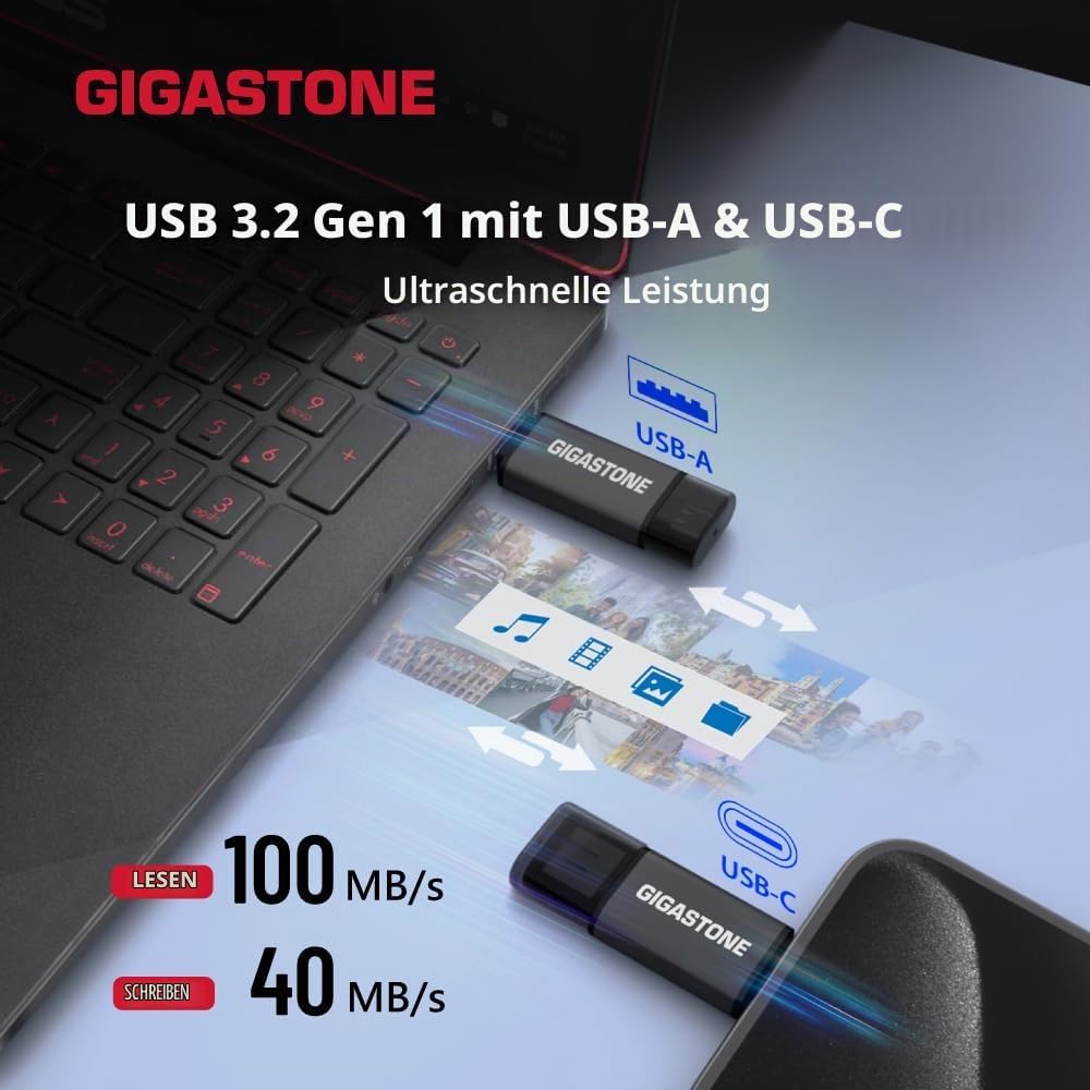 GIGASTONE 128GB Dual-Laufwerk (2 Stück) Z40 USB 3.2 Gen 1, 2-in-1 Type-A &amp; Type-C, 100MB/s UltraSchn