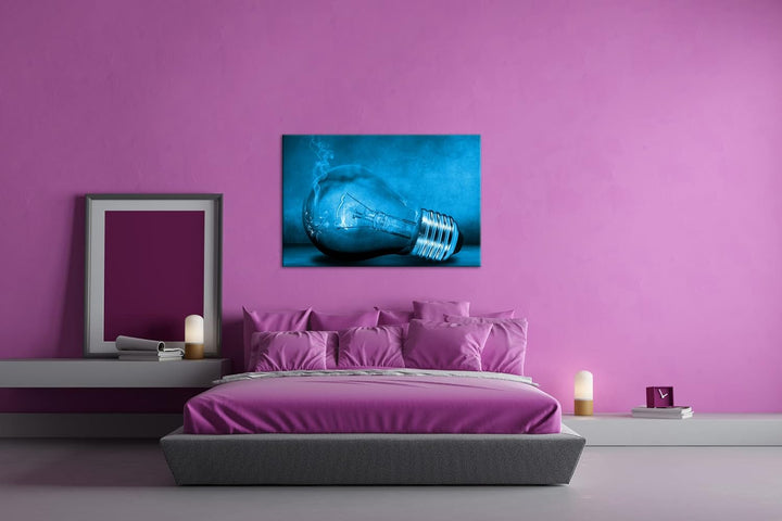 deyoli leuchtende Glühbirne Format 80x60 Effekt: Monocrome Blau als Leinwandbild, Motiv fertig gerah