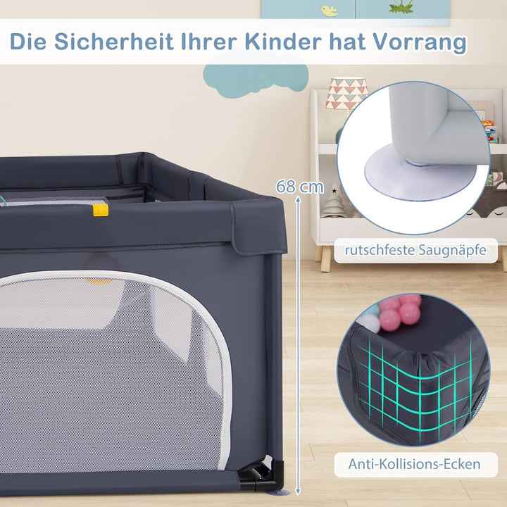 DREAMADE Laufstall Baby, 189 x 158 cm Laufgitter mit 4 Zugringen & 50 Ocean Bällen & Tragetasche, Gr