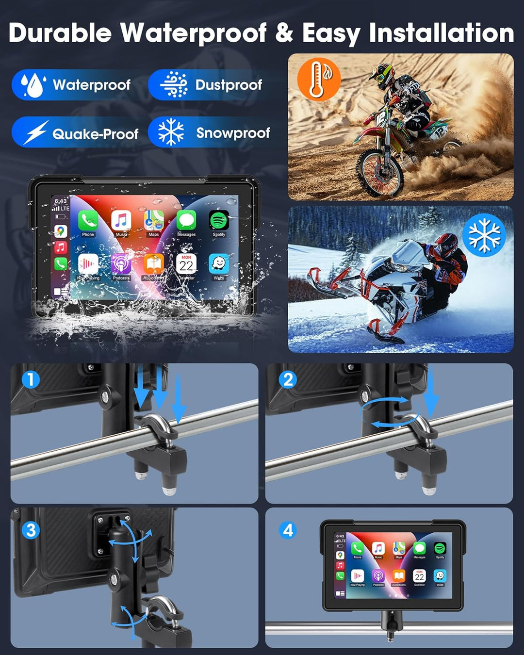7 Zoll Motorrad Carplay Android Auto Motorrad Display für Motorräder, Navigationsgeräte mit Siri, G-