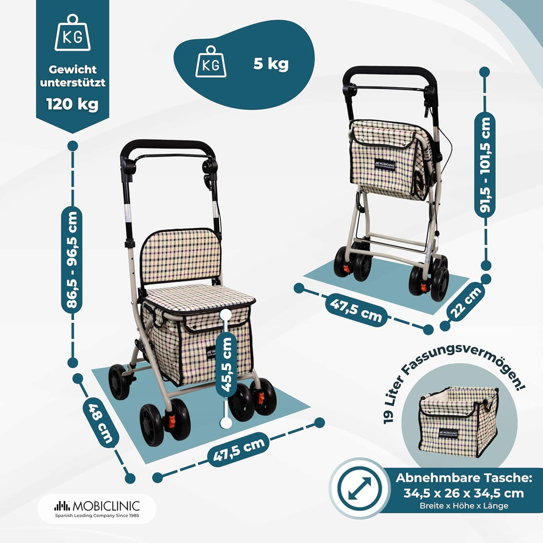 Mobiclinic®, Einkaufswagen mit Sitz, Faltbarer Rollator für Erwachsene, 21 L, Rückenlehne, 4 Räder,