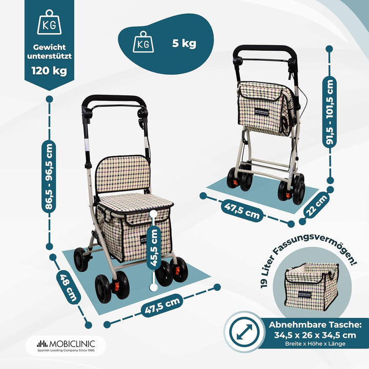 Mobiclinic®, Einkaufswagen mit Sitz, Faltbarer Rollator für Erwachsene, 21 L, Rückenlehne, 4 Räder,