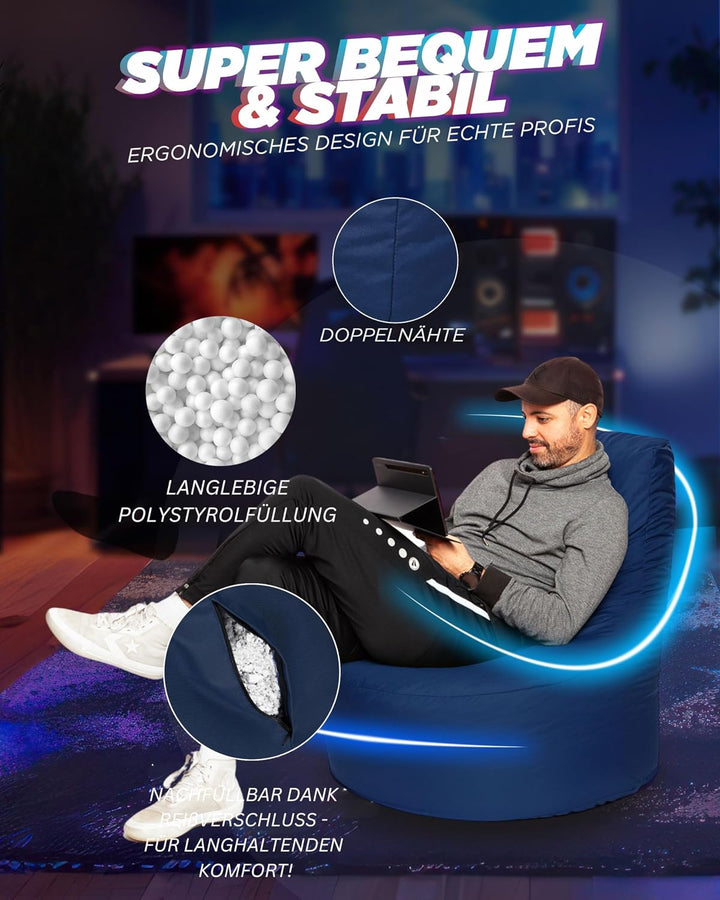 PATCH HOME Gamer Kissen & Lounge Sitzsack – befüllbar mit Reissverschluss, gefüllt mit Styropor, gee