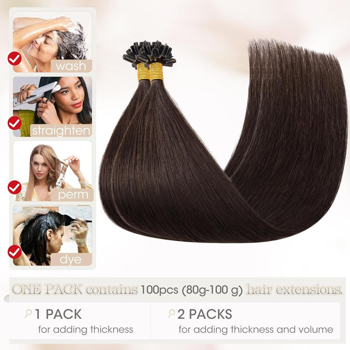 Elailite Extensions Echthaar Bonding 1g/s 50cm #2 Dunkelbraun U Tip Hair Extensions Keratin 100 Strä