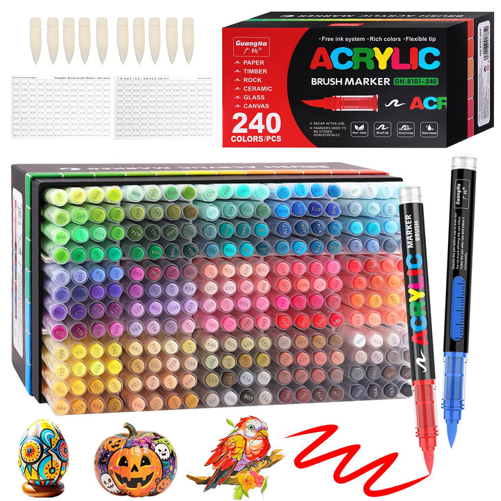 Funnasting 240 Farben Acrylstifte, Pinselspitze Acrylic Marker, Acryl Marker für Malen, Glas, Stoff,