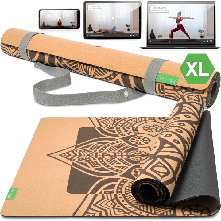 BACKLAXX ® Yogamatte Kork XXL [50% mehr Fläche] mit Naturkautschuk | Yoga-Matte rutschfest | nachhal