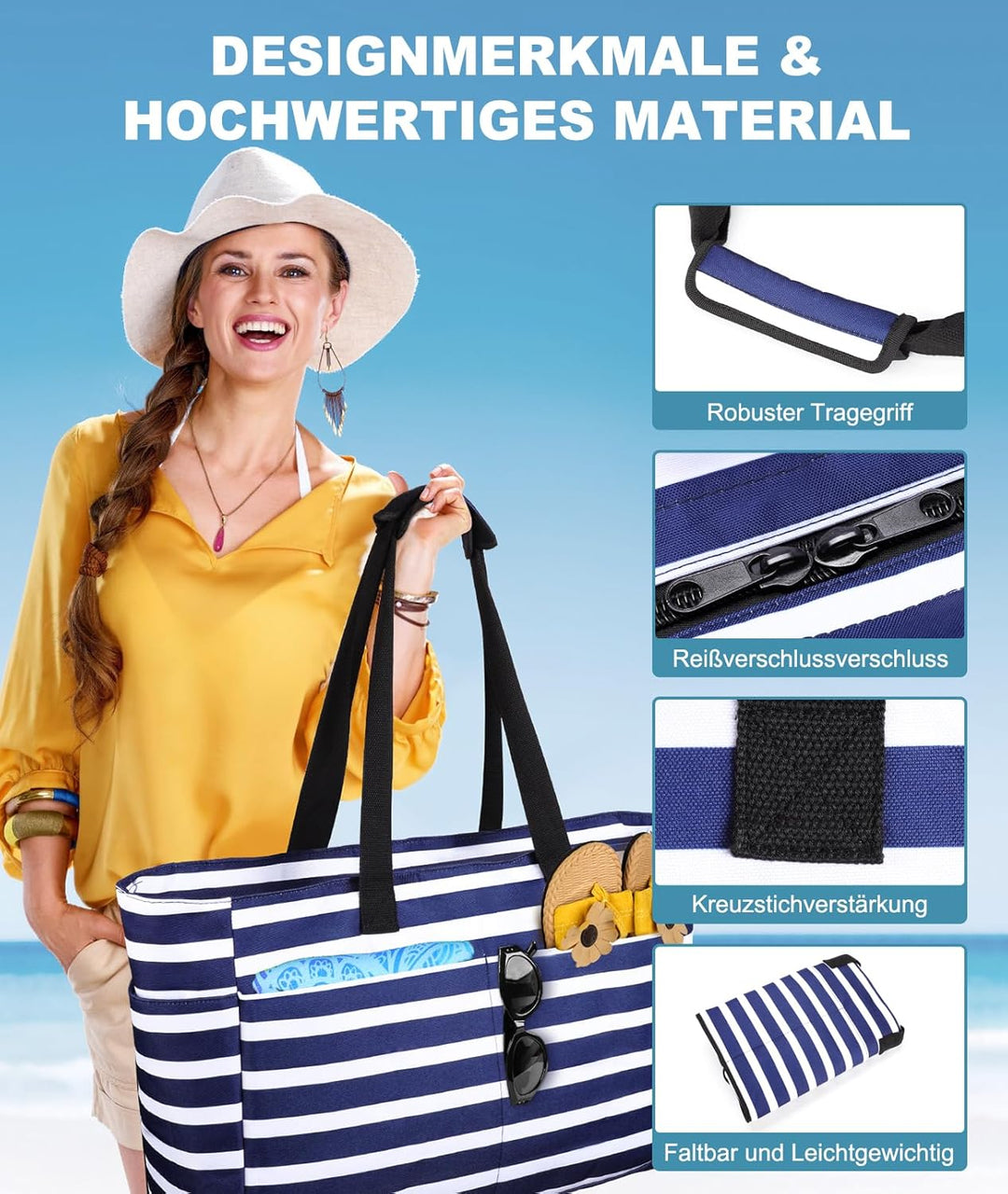 ISEYOU Strandtasche XXL Familie, Gross Strandtasche mit Reissverschluss Wasserdicht Sanddicht, Handt