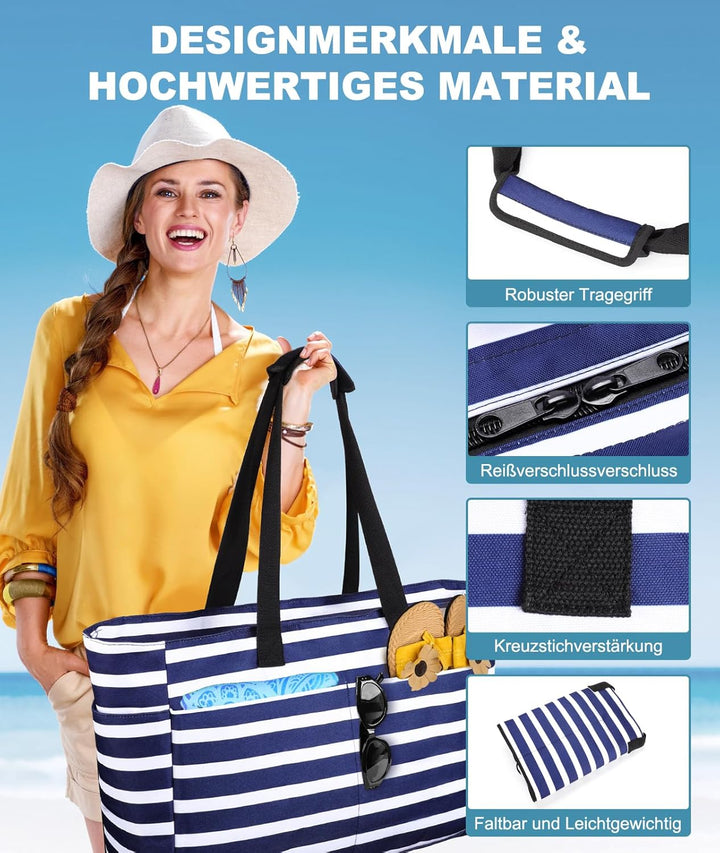 ISEYOU Strandtasche XXL Familie, Gross Strandtasche mit Reissverschluss Wasserdicht Sanddicht, Handt