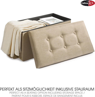 CelinaTex Falthocker XL 76 x 38 x 38 cm beige Sitzbank mit Stauraum Truhe faltbar mit Deckel gepolst