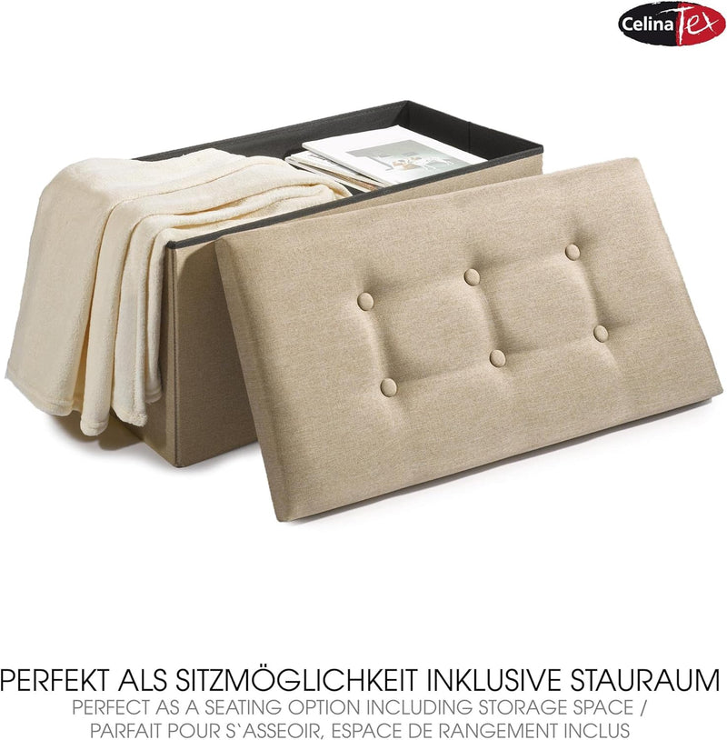 CelinaTex Falthocker XL 76 x 38 x 38 cm beige Sitzbank mit Stauraum Truhe faltbar mit Deckel gepolst