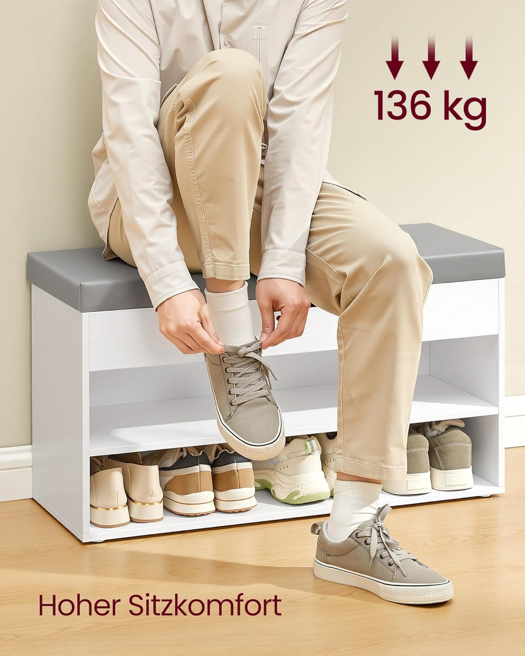 VASAGLE Schuhbank, Sitzbank, Schuhregal mit gepolstertem Kissen, Schuhorganizer mit 3 Ebenen, 30 x 8