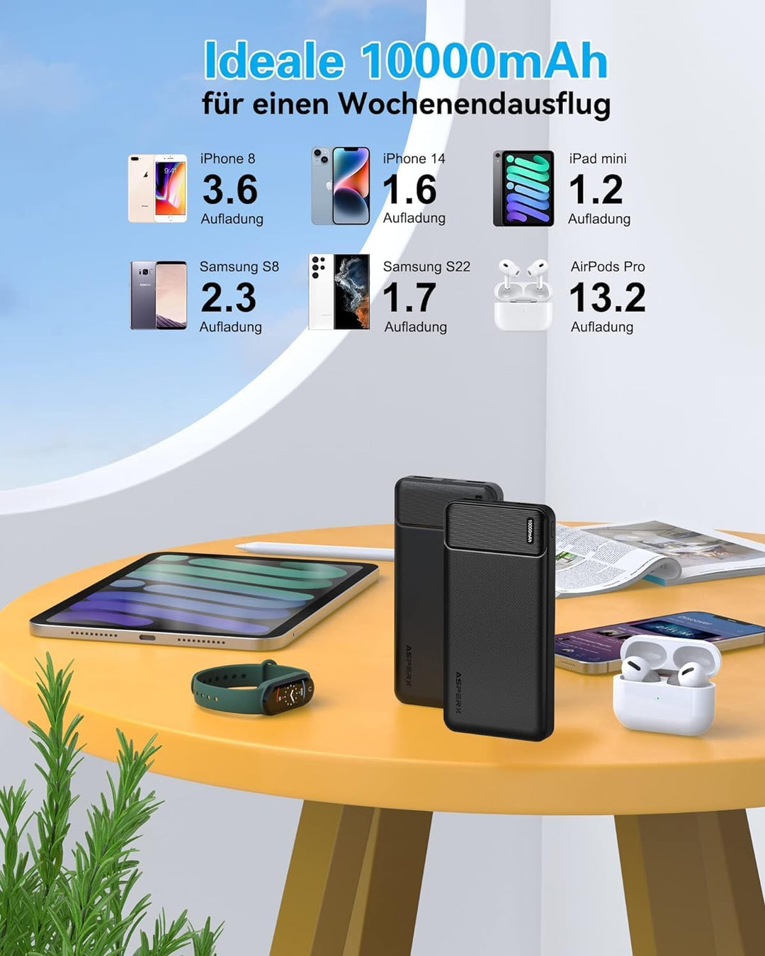 AsperX Power Bank 10000mAh 2 Stück,PowerBank USB C Output & Input Externer Akku Klein Aber Stark,Tra