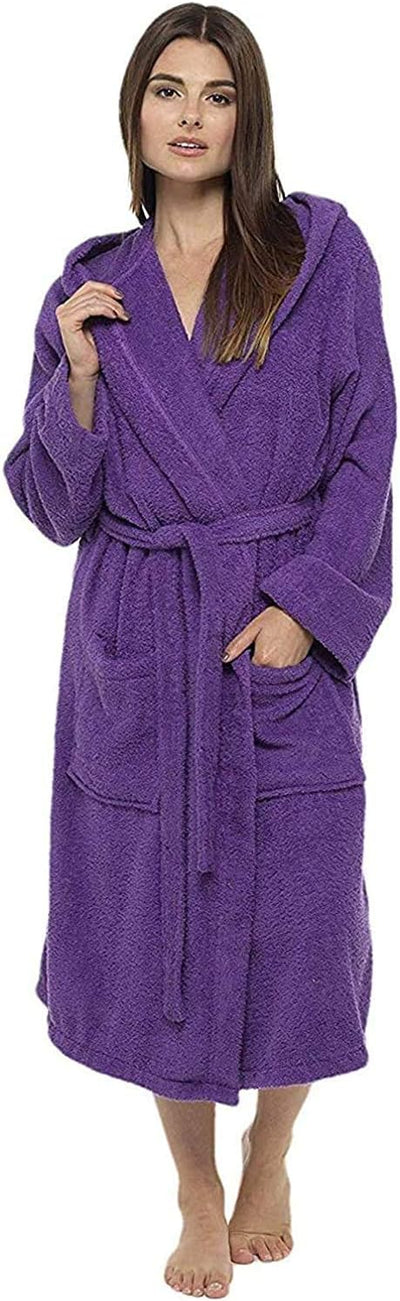 Bademantel Damen Frottee, Baumwoll Sauna Bademantel Damen, M Dunkellila Kapuze