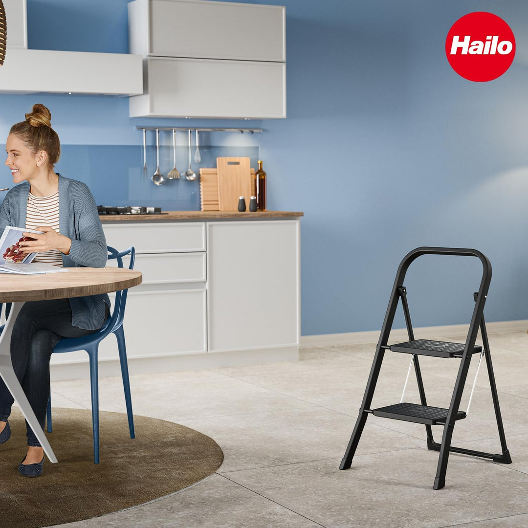 Hailo K44 StandardLine Klapptritt - 2-stufige Trittleiter aus Stahl mit grossen Stufen und Anti-Ruts