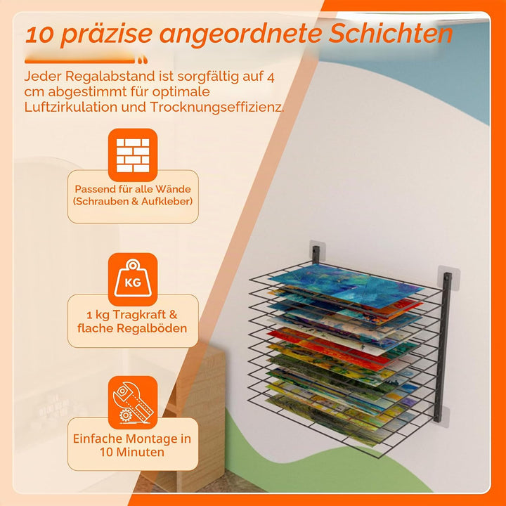 Kunst-Trockenständer, 10 verstellbare Ablagen, passend für alle Wände, Kunsttrockengestell für Klass