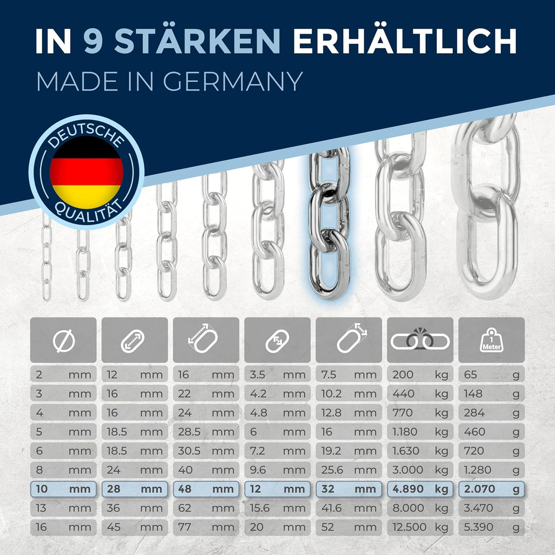 100cm = 1 meter 10mm starke Metallkette Meterware V4A Schaukel Ketten kurzgliedrig am Stück Eisenket