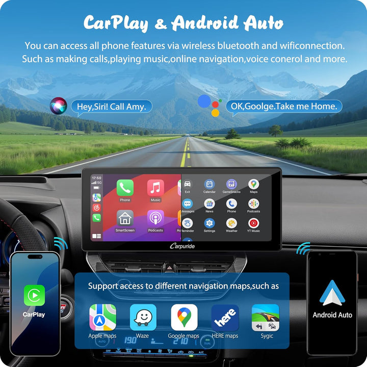 Carpuride W103 Pro mit Kabelloser Bluetooth-Übertragung, Tragbares Carplay und Android Auto-Autoradi