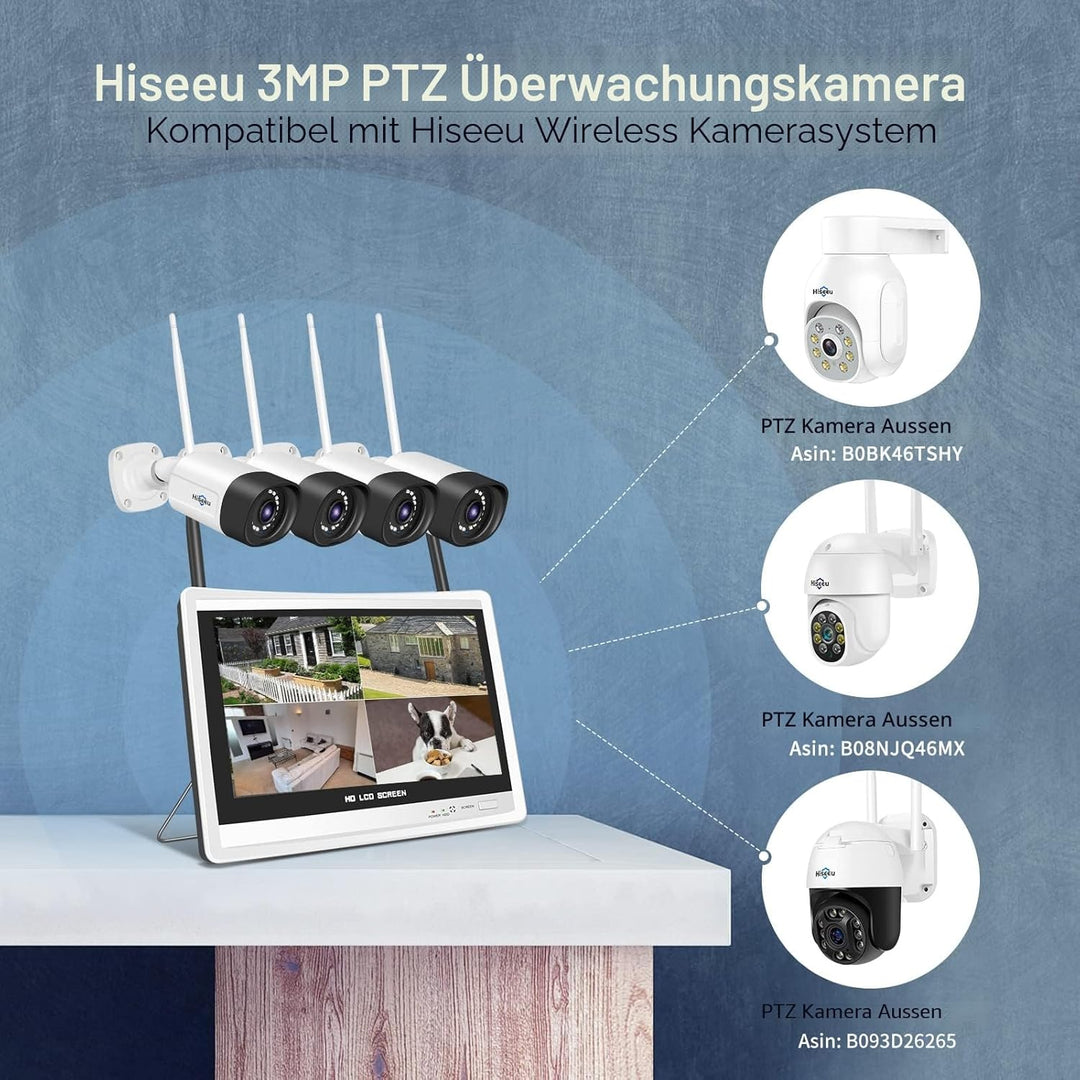 【5MP+3TB Festplatte】 Hiseeu Überwachungskamera Set Aussen WLAN mit 12''Monitor 10CH Wireless NVR,4 P