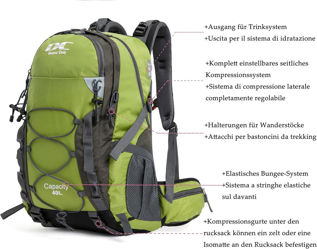 Wanderrucksack 40l Damen Herren Rucksack Wasserdicht Reiserucksack mit Regenschutz Laubgrün, Laubgr&