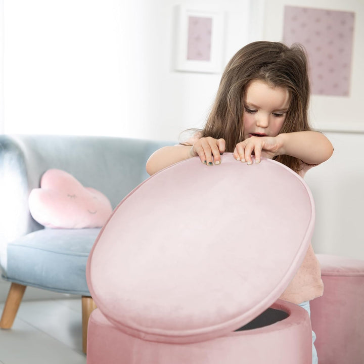 roba Kinderhocker Lil Sofa mit Stauraum - Ovaler Hocker in rosa Samtstoff - Polstermöbel Pouf für Ki
