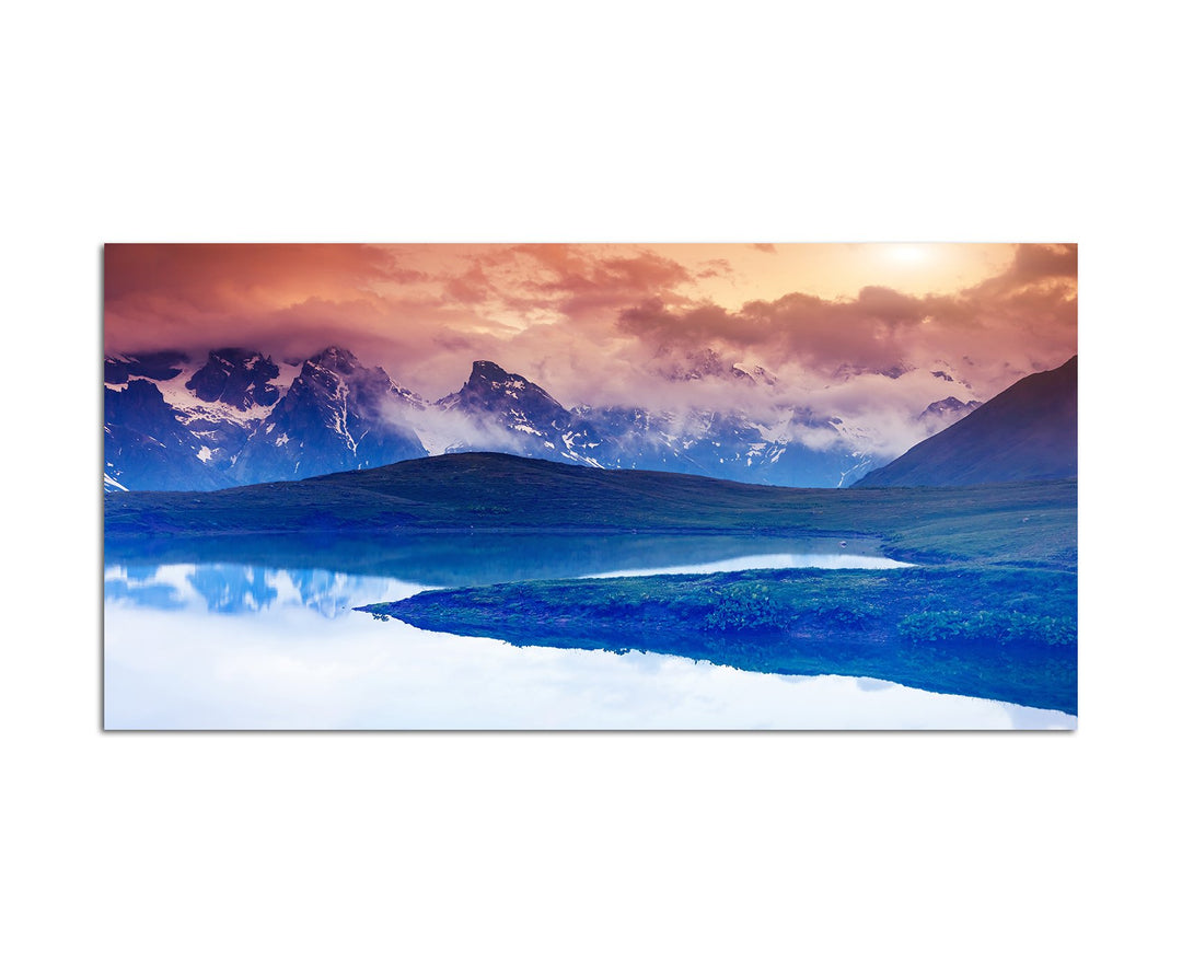 Paul Sinus Art 120x80cm - WANDBILD Georgien Berge Schnee See Landschaft - Leinwandbild auf Keilrahme