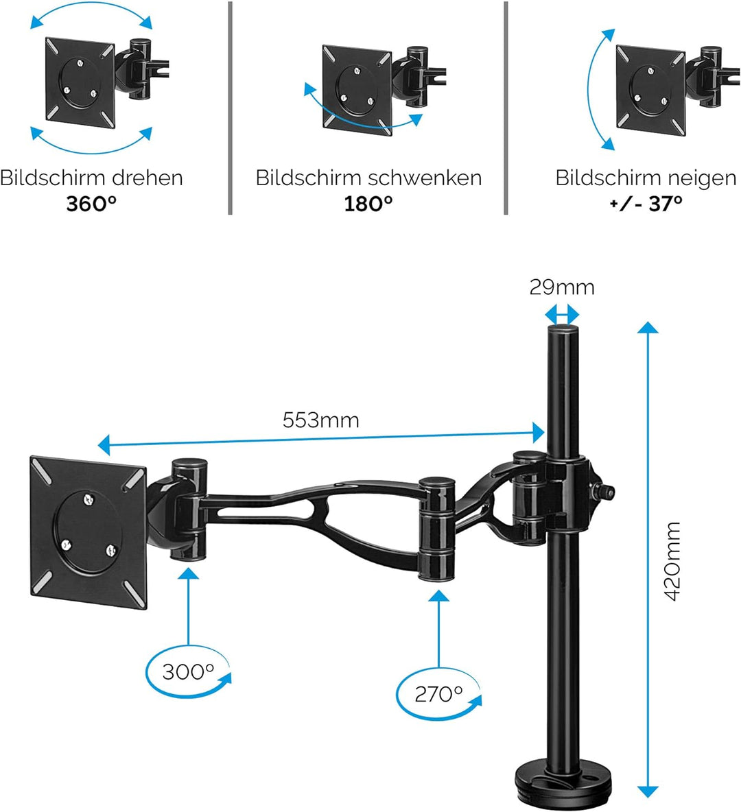 Fellowes Monitorarm Vista für 1 Bildschirm - Schwenkarm zur Befestigung mit Klemme/am Kabeldurchlass